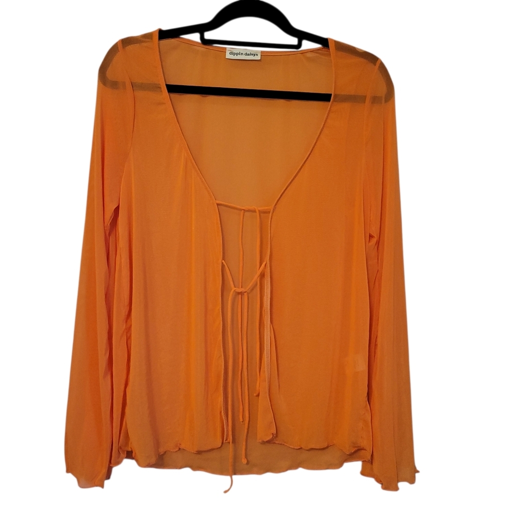 Dippin Daisies Hit the Highway Sheer Orange Tie Front Mesh Top | Beach Cover Up - Picture 2 of 8